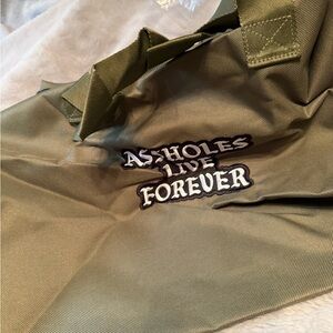 New olive green duffle Bag with Embroidered Text